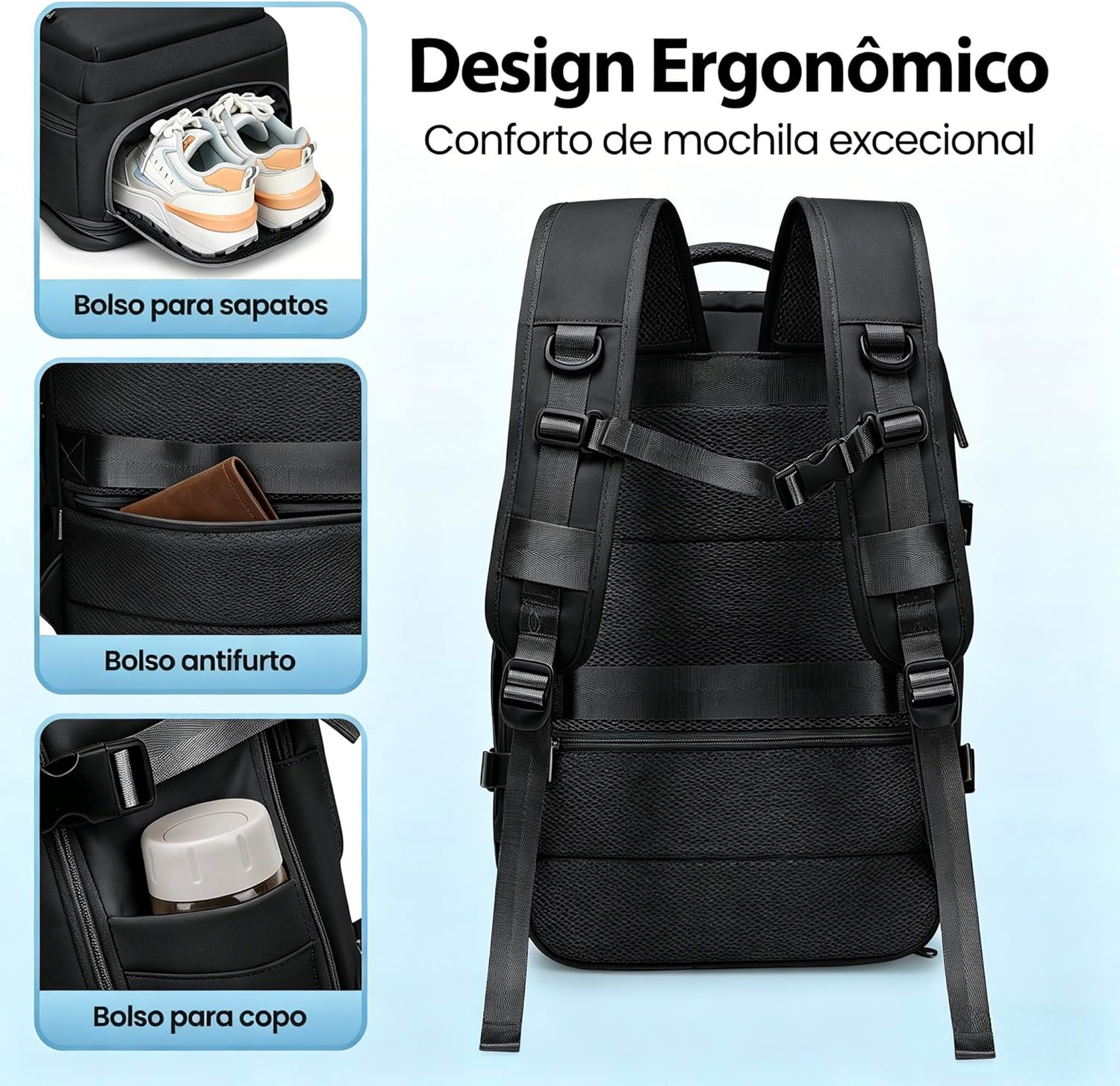 Romantic Crown Mochila de Viagem Expansivel Avião Grande Feminina,Mochila Executiva Masculina Impermeável Reforçada para Notebook,Casual Esportes Hiking Escola Presente (Todo Preto)