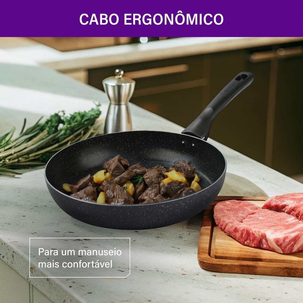 Frigideira Rochedo Stone Pro 24cm Preto com Efeito Pedra e Antiaderente Minerium, Alta Resistência e Durabilidade, Cabos Ergonômicos para Maior Segurança e Base Limpa Fácil