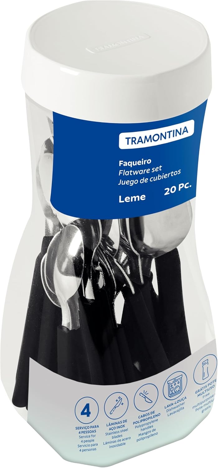 Faqueiro Tramontina Leme com Lâminas em Aço Inox e Cabos de Polipropileno Preto 20 Peças