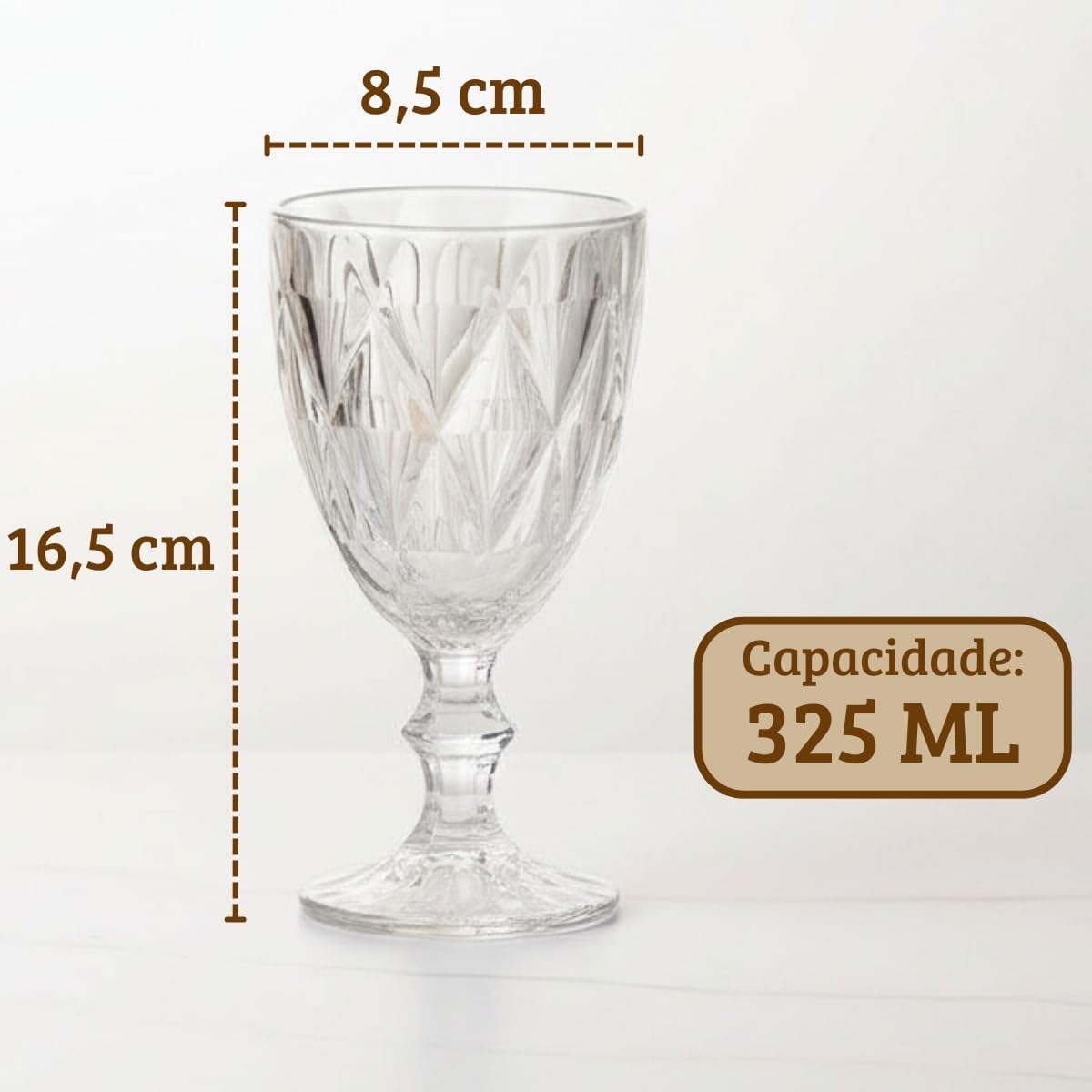 Jogo 6 Taças de Vidro Grande Diamond Bico Jaca 325ML Transparente Luxo para Vinho, Água e Drinks