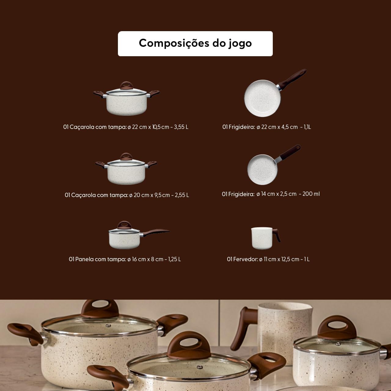 Brinox - Jogo de Panelas Antiaderente Ceramic Life 6 Peças Smart Plus - Vanilla
