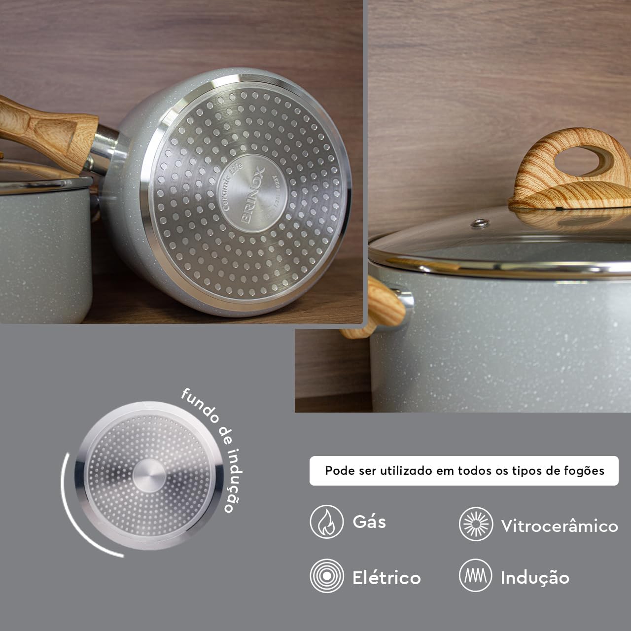 Brinox - Jogo de Panelas Ceramic Life 5 Peças Smart Plus com Fundo de Indução - Cinza Wooden
