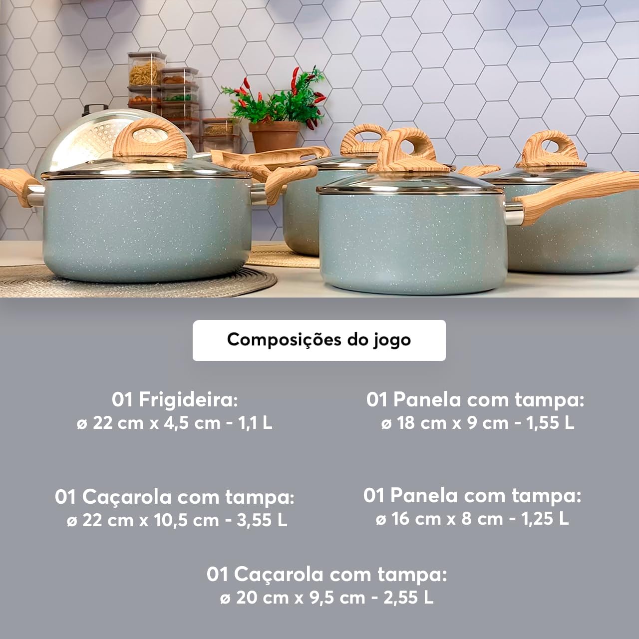 Brinox - Jogo de Panelas Ceramic Life 5 Peças Smart Plus com Fundo de Indução - Cinza Wooden