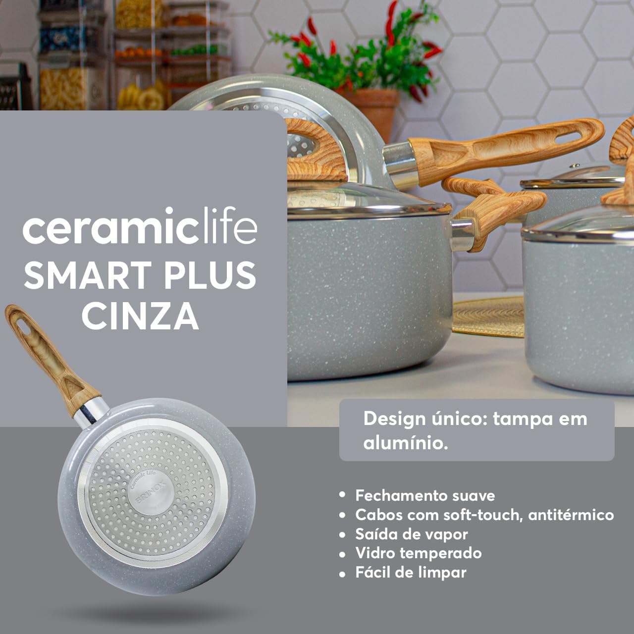 Brinox - Jogo de Panelas Ceramic Life 5 Peças Smart Plus com Fundo de Indução - Cinza Wooden