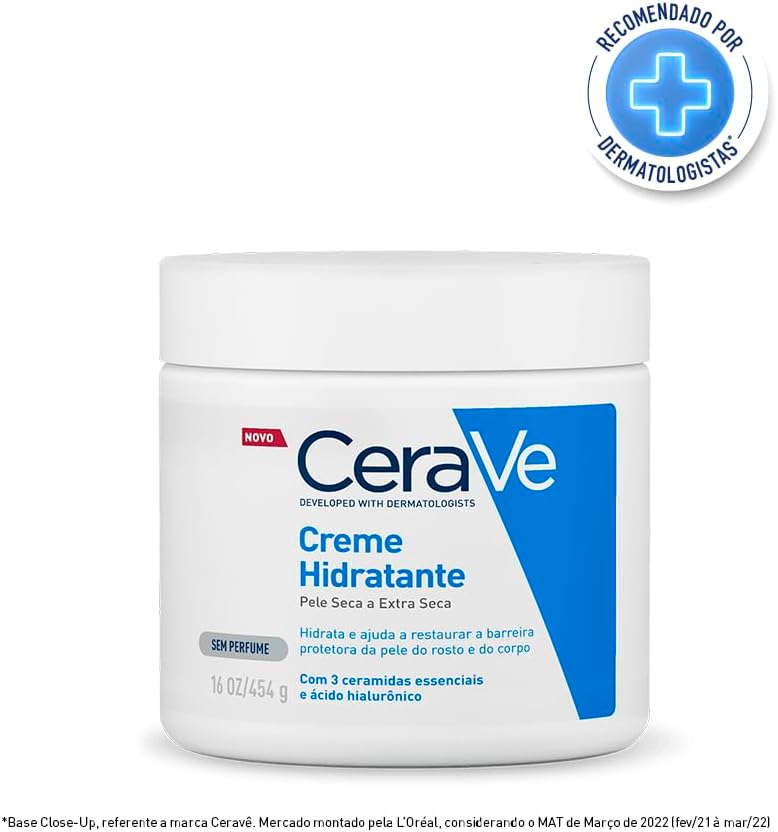 CeraVe Creme Hidratante Corporal, para Pele Seca a Extra Seca, com 3 Ceramidas Essenciais e Ácido Hialurônico, Hidratação Profunda e Duradoura, Tecnologia MVE, Sem Perfume, 453g
