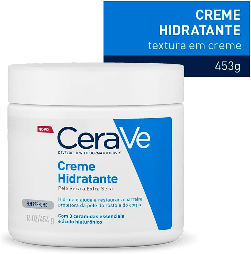 CeraVe Creme Hidratante Corporal, para Pele Seca a Extra Seca, com 3 Ceramidas Essenciais e Ácido Hialurônico, Hidratação Profunda e Duradoura, Tecnologia MVE, Sem Perfume, 453g