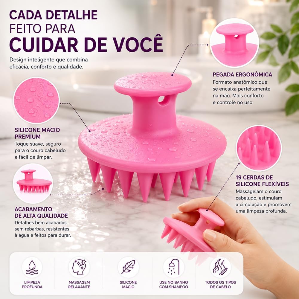 Escova Massageadora para Couro Cabeludo em Silicone – Limpeza Profunda, Massagem Relaxante, Uso com Shampoo ou a Seco, Cerdas Macias, Todos os Tipos de Cabelo, Homens e Mulheres, Design Ergonômico