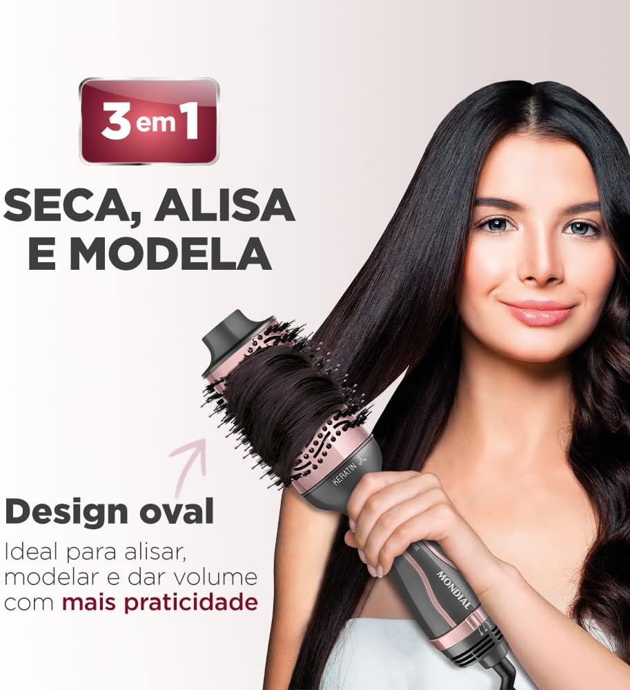 MONDIAL Escova Secadora Keratin, Bivolt, Grafite/Golden Rose - ES-11-BI