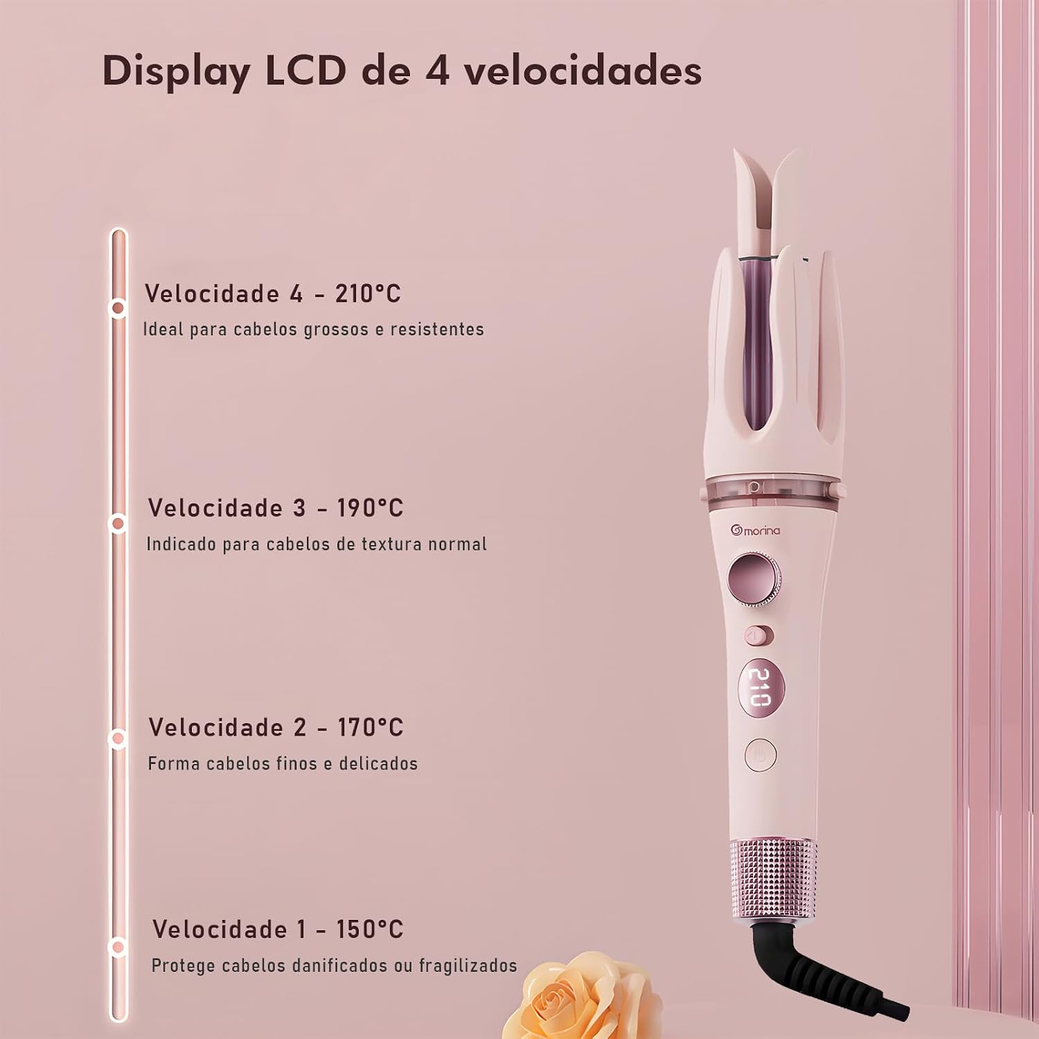 Modelador de Cachos Automático 3 em 1 (28/32 mm) com Escova Alisadora, Display LCD, 4 Temperaturas, Revestimento Cerâmico com Íons Negativos, Aquecimento Rápido, Desligamento Automático