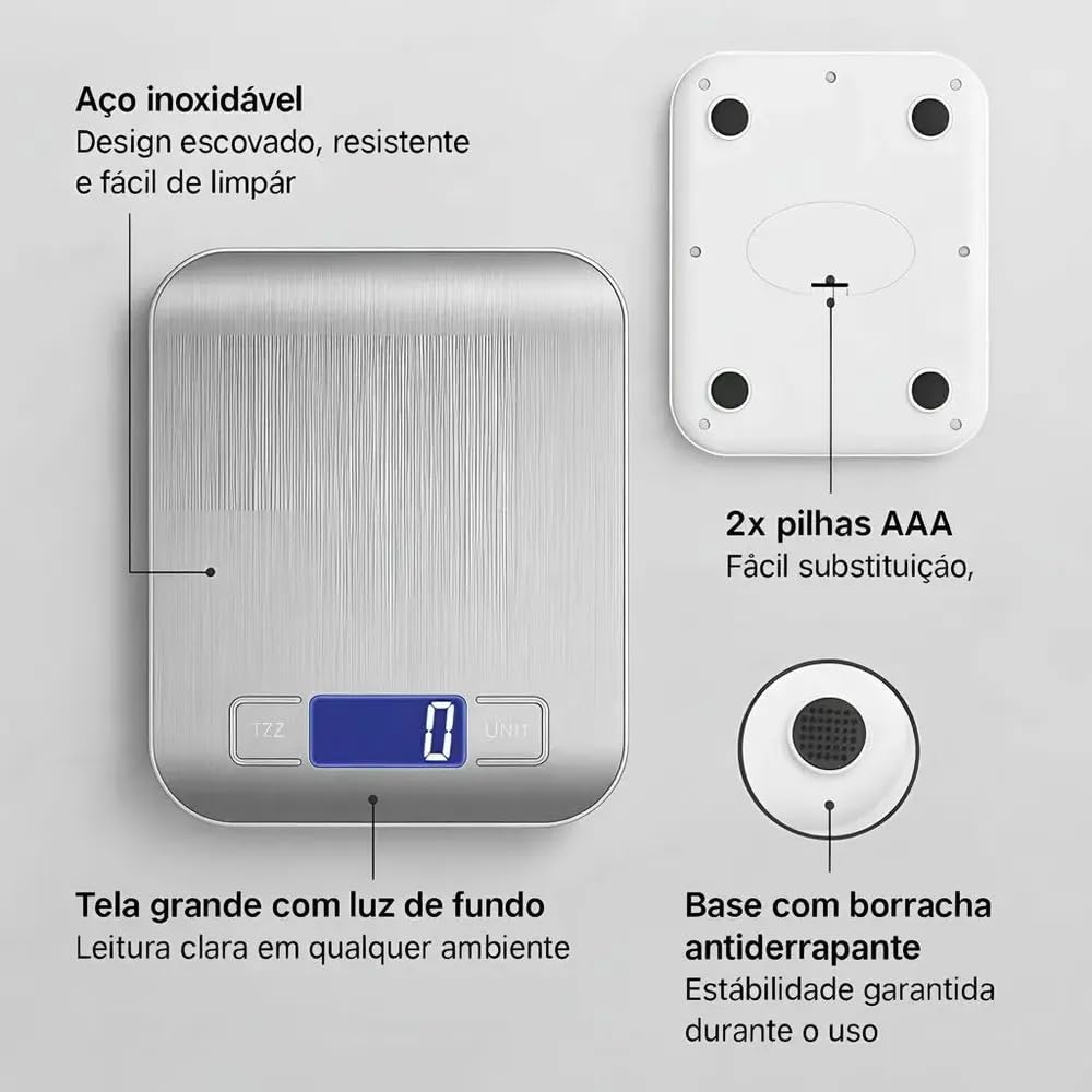 Balança de Cozinha Digital Premium em Inox Resistente à Água Portátil com Base Antiderrapante Visor de Alta Definição Alta Precisão Pesagem de 1g a 10kg Ideal para Dieta Fitness Alimentos Saudáveis!