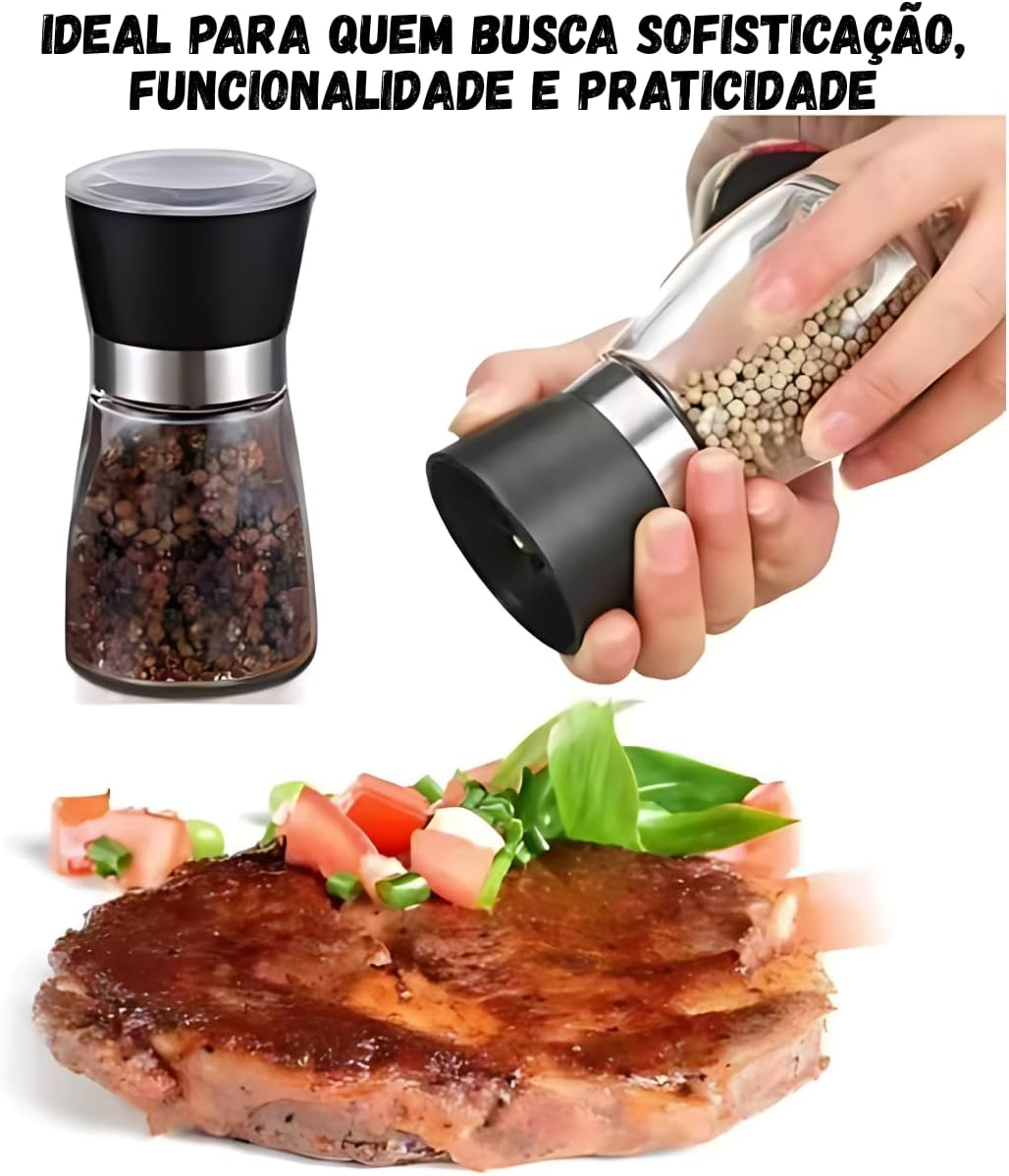 Kit 2 Moedores de Sal e Pimenta em Vidro com Tampa Preta e Anel Inox