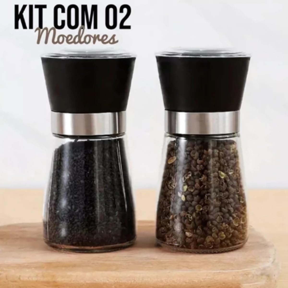 Kit 2 Moedores de Sal e Pimenta em Vidro com Tampa Preta e Anel Inox