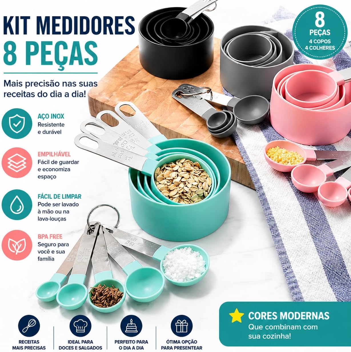 Kit 8 Xícaras e Colheres Medidoras em Aço Inox