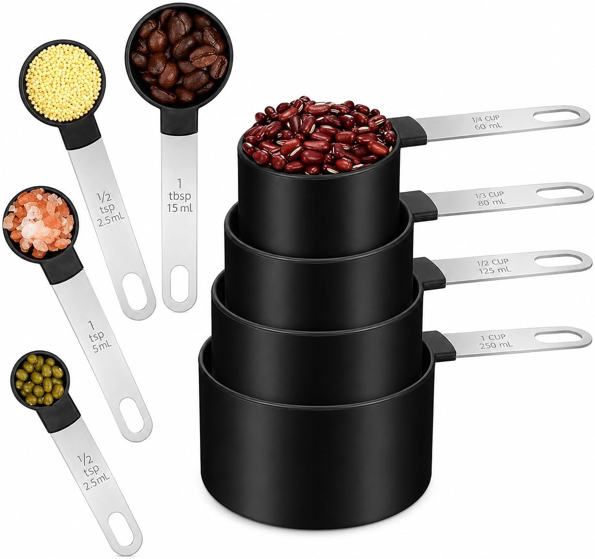 Kit 8 Xícaras e Colheres Medidoras em Aço Inox