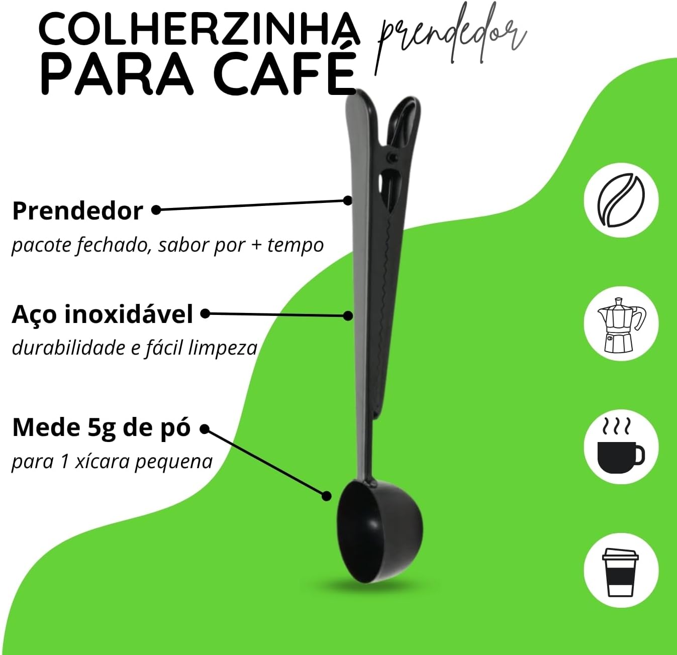 Colher Café Medidora 5g Pó de Café Prendedor Pacote em Inox Preto 17cm