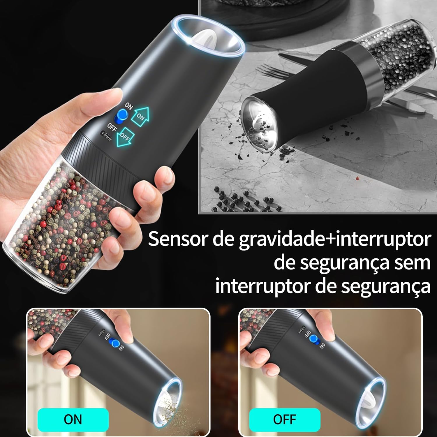 Moedor de Pimenta Elétrico Recarregável via USB