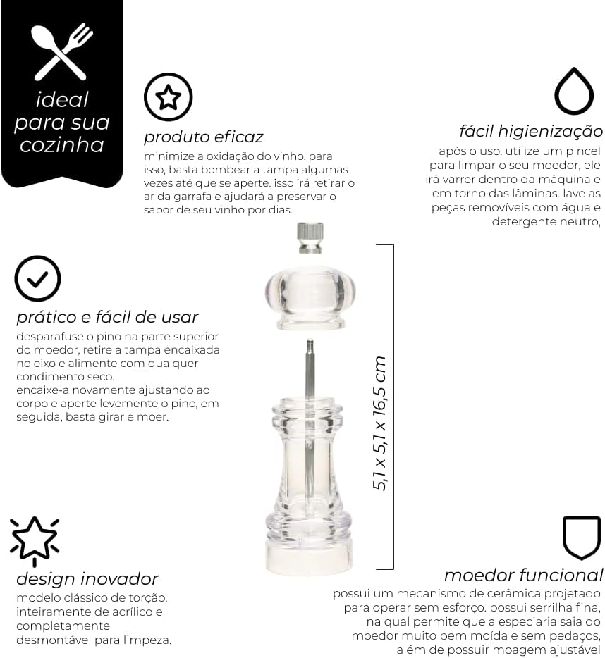 Mimo Style Moedor Manual de Acrílico Pimenta e Sal 15cm Ideal Para Moer Graõs e Condimentos Secos, Moedor de Cerâmica Com Pino Regulador de Tamanho do Grão