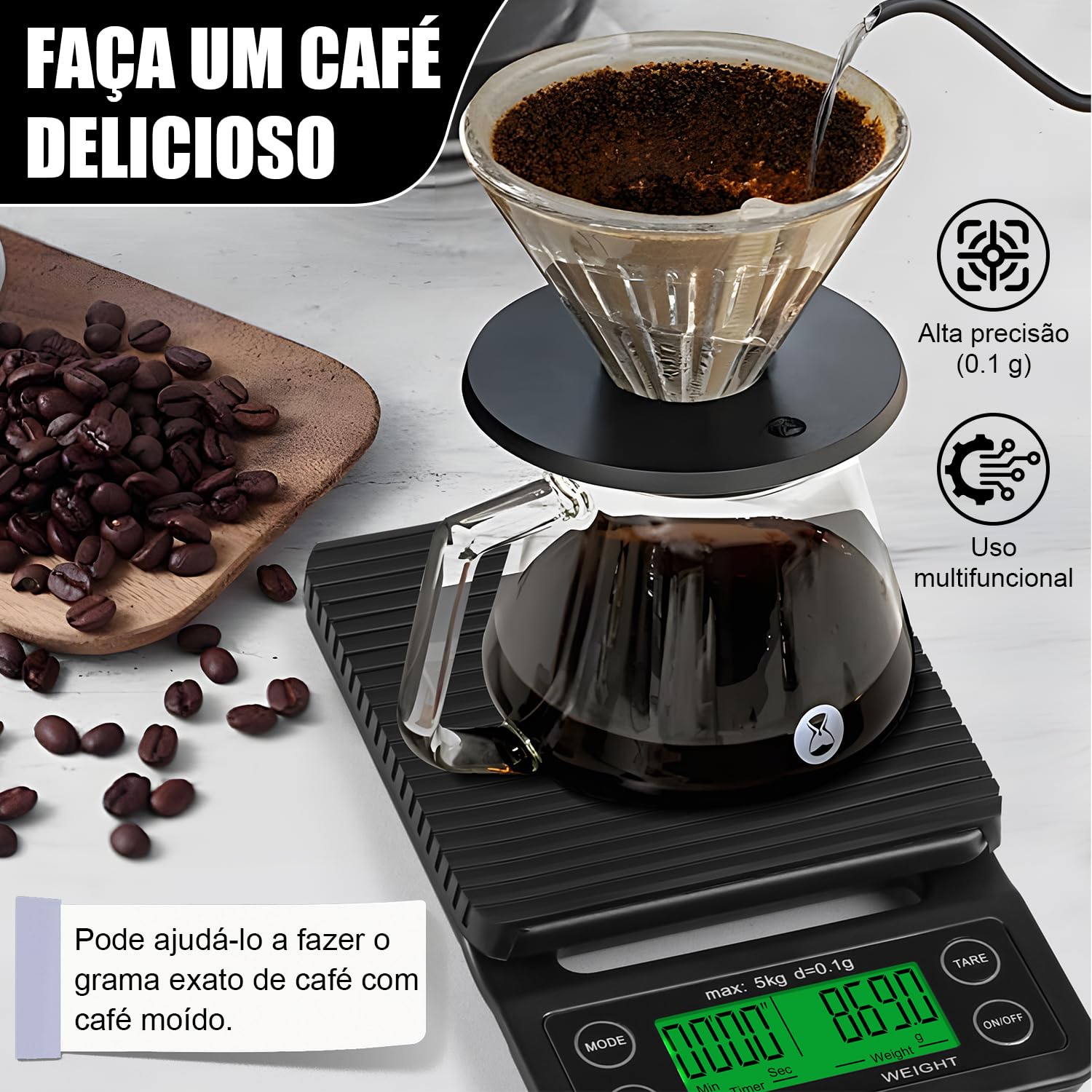 5 kg/0.1 g Balança Digital de Alta Precisão para Café e Infusões, Balança com Temporizador, Escala de Peso de Café com Tela LED, Balança de Cozinha Elétrica Precisa