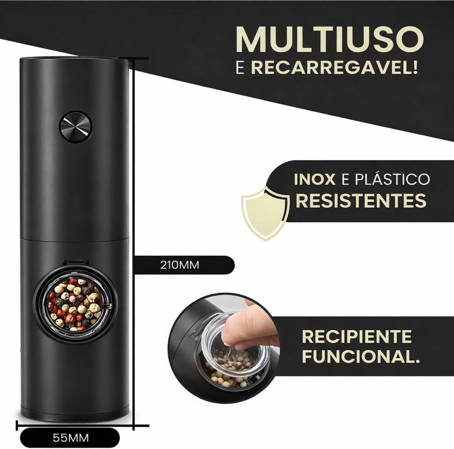 Moedor Elétrico de Sal e Pimenta com Acionamento por Toque e Luz LED