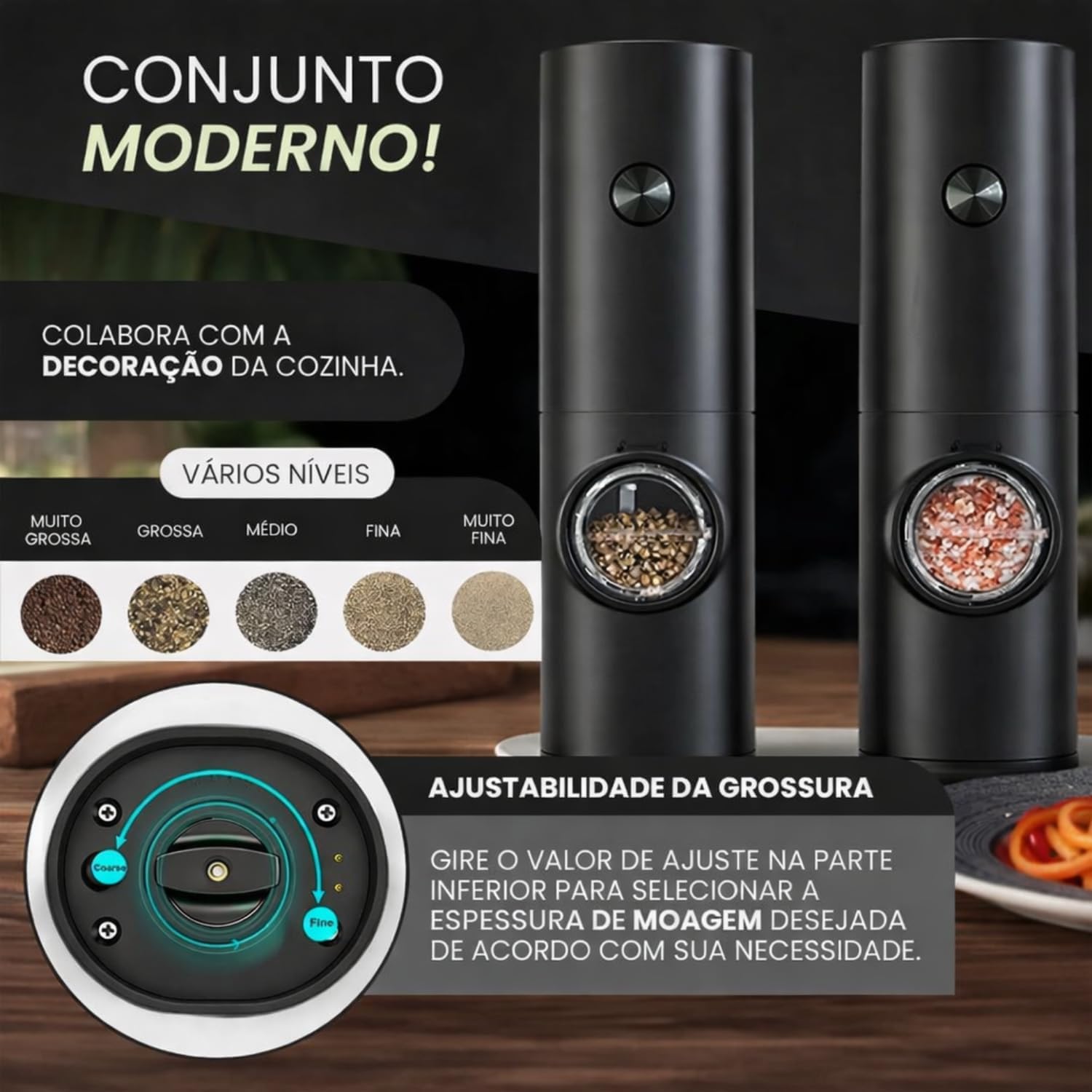 Moedor Elétrico de Sal e Pimenta com Acionamento por Toque e Luz LED