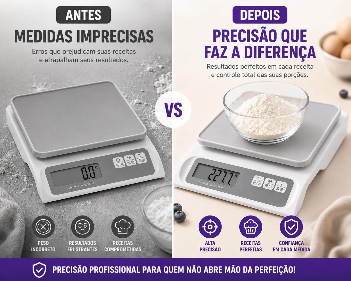 Balança Digital Recarregável Alta Precisão 0,1g Até 6kg Cozinha Profissional eletrônica