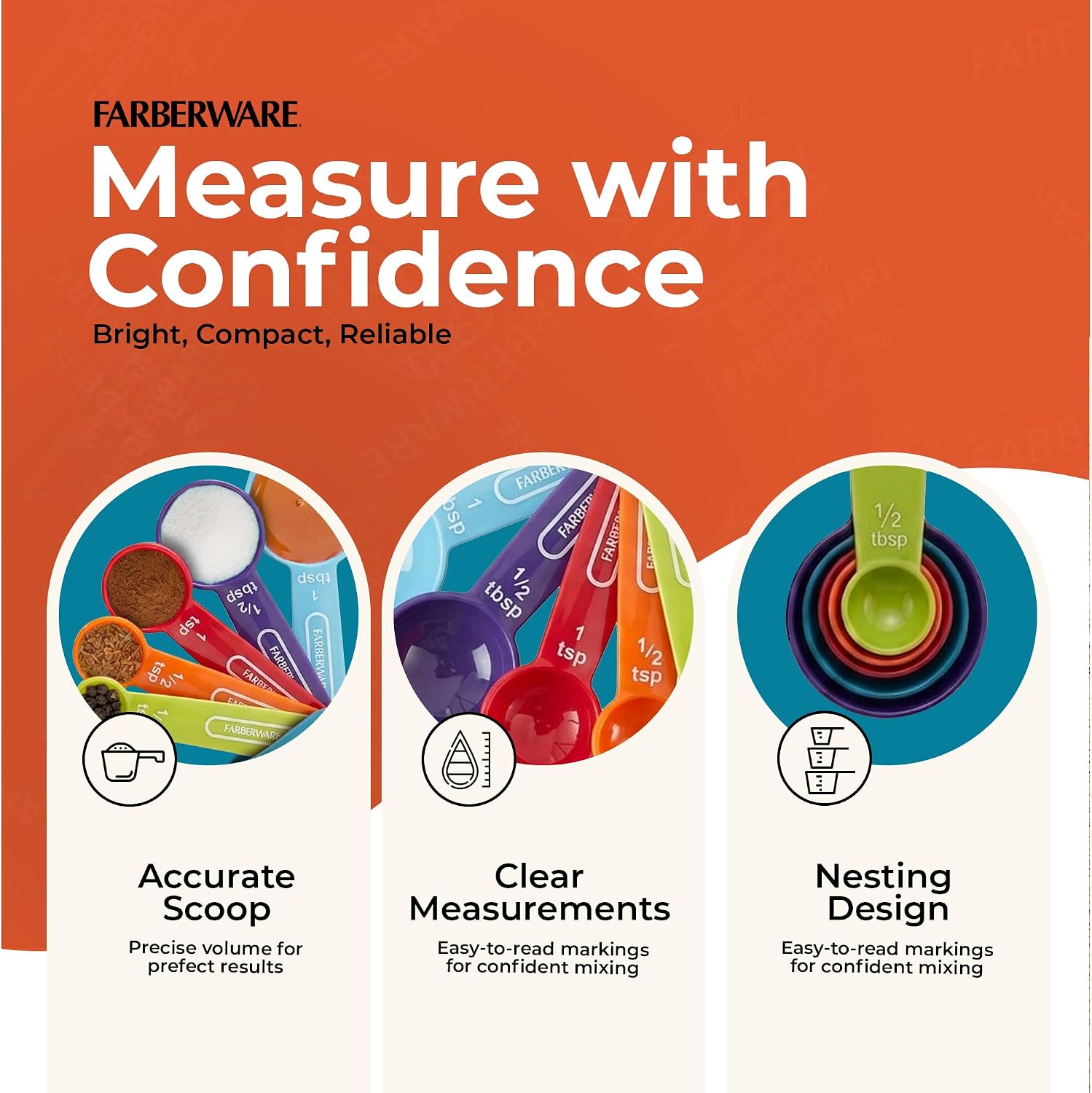 Farberware Colheres de medição de cor, cores misturadas, conjunto de 5, pequenas
