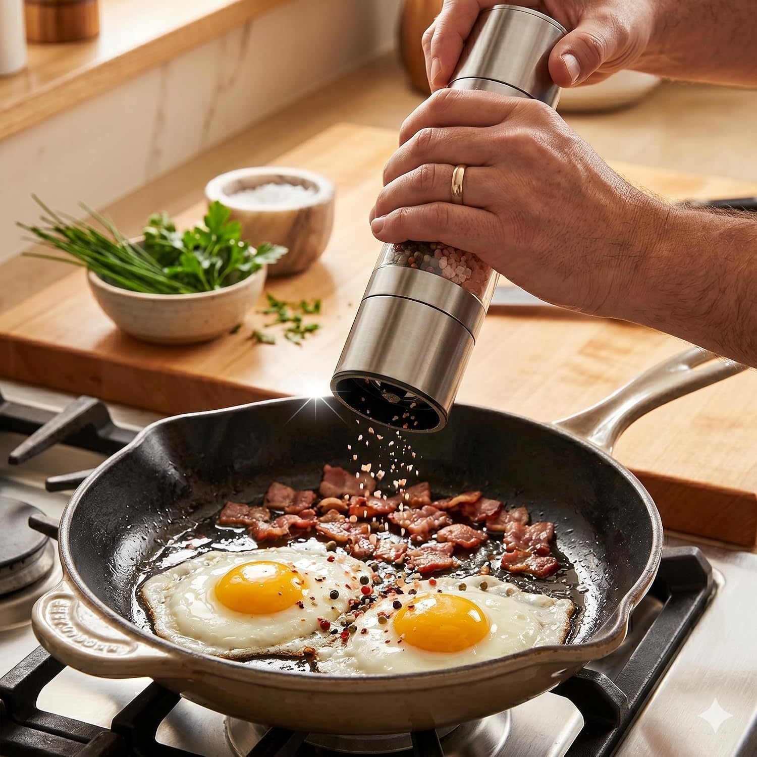 Moedor 2 em 1 Sal e Pimenta Manual Inox com Vidro – Ajuste de Moagem Fino/Grosso, Compartimento Duplo, Triturador de Temperos Gourmet, Design Premium para Cozinha e Churrasco