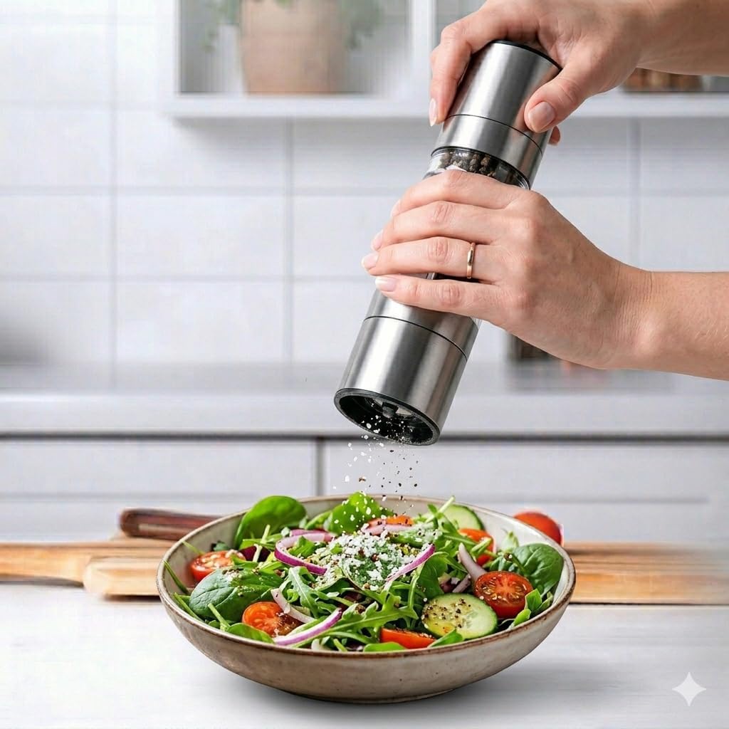 Moedor 2 em 1 Sal e Pimenta Manual Inox com Vidro – Ajuste de Moagem Fino/Grosso, Compartimento Duplo, Triturador de Temperos Gourmet, Design Premium para Cozinha e Churrasco