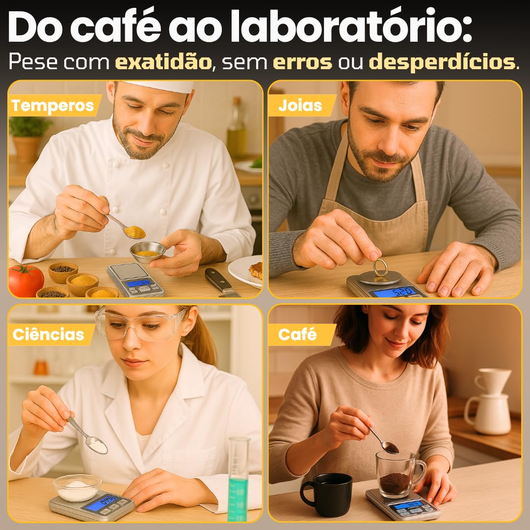 Mini Balança Digital de Alta Precisão 0,1g a 500g – Portátil de Bolso com Visor LED, Função Tara – Para Cozinha, Joias, Ouro, Temperos e Metais – Acompanha 2 Pilhas AAA Premium
