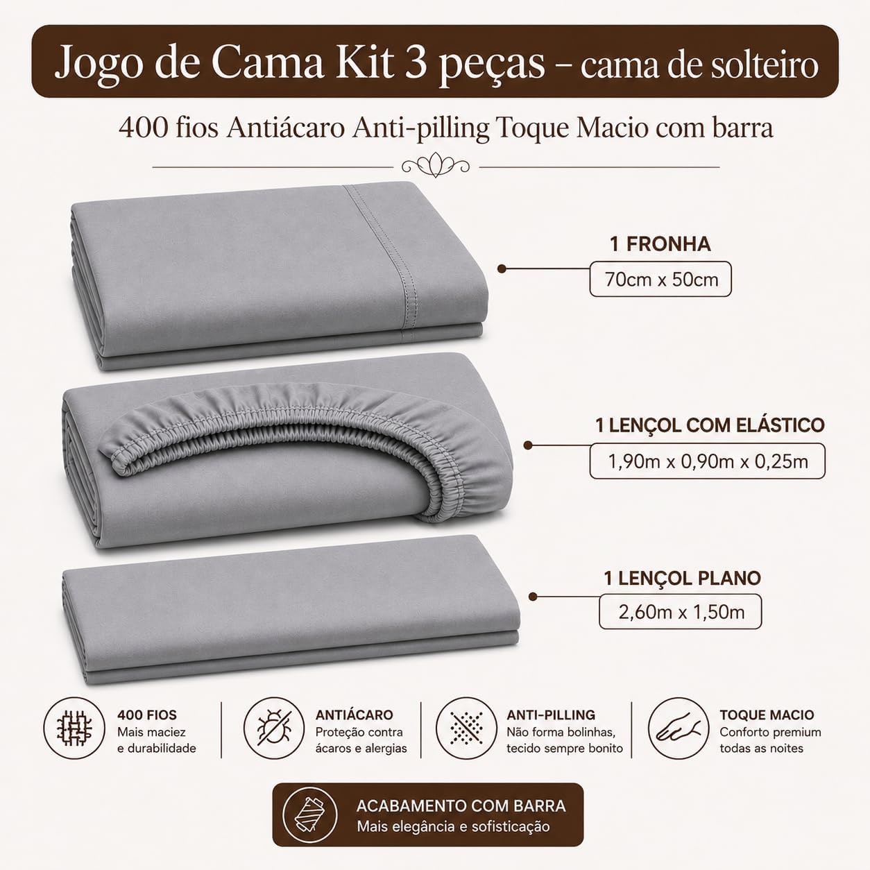 Jogo de Cama Percal 600 Fios Algodão com Elástico Premium (Cinza, Solteiro)