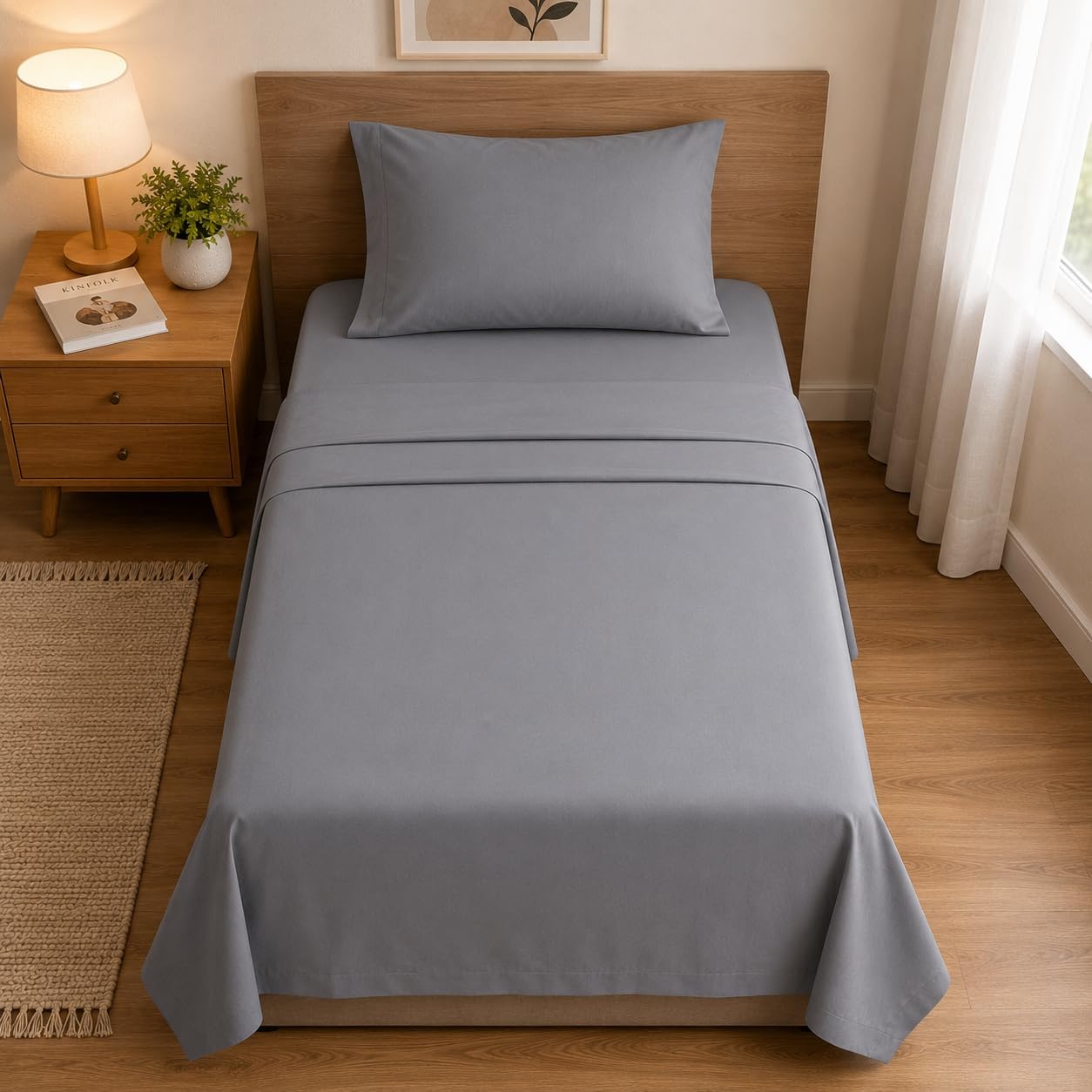Jogo de Cama Percal 600 Fios Algodão com Elástico Premium (Cinza, Solteiro)