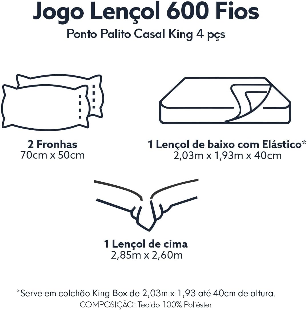 Jogo Cama King Size Toque Macio 4 Peças Percal 600 Fios Branco