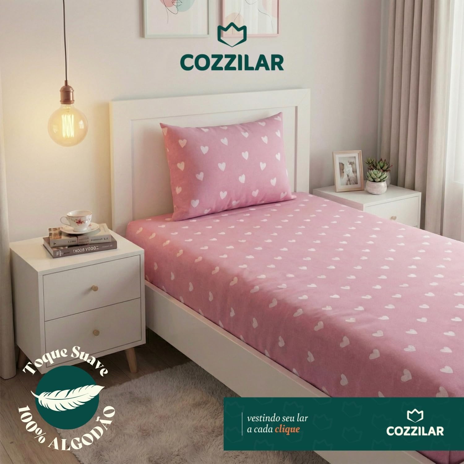 Cozzilar Jogo de Lençol Cama Solteiro Malha 100% Algodão 2 Peças Estampado Kit Inclui 1 Lençol Solteiro Com Elástico e 1 Fronha Toque Macio (Modelo 7)