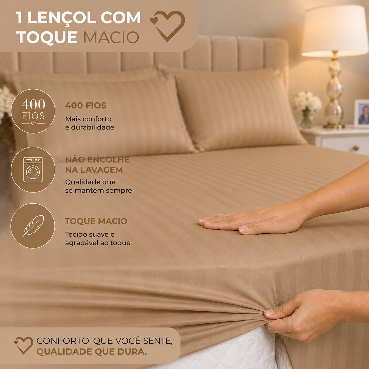 Jogo de Lençol Casal 400 Fios com Elástico + 2 Fronhas Bege Toque Macio e Fácil de Lavar Tecido 100% Poliéster para Colchões até 30 cm Altura