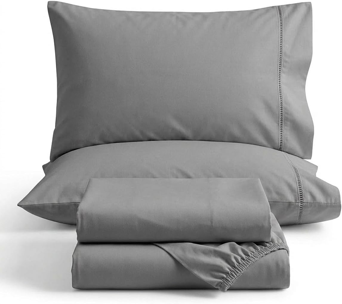 Kit Cama Lençol Completo 4 Peças 400 Fios Percal Ponto Palito Antiácaro Antialérgico Não Faz Bolinha Toque Seda Hotel Casa Dona (Casal, Cinza)
