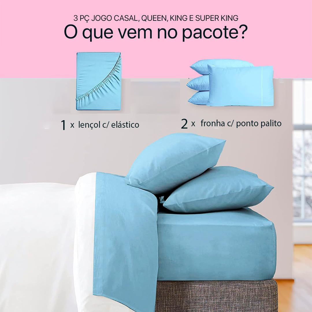 Jogo de Lençol Casal Percal Flex- 3 Peças - 200 Fios - com Ponto Palito - Super Macio - Resistente (Azul Claro, Casal)