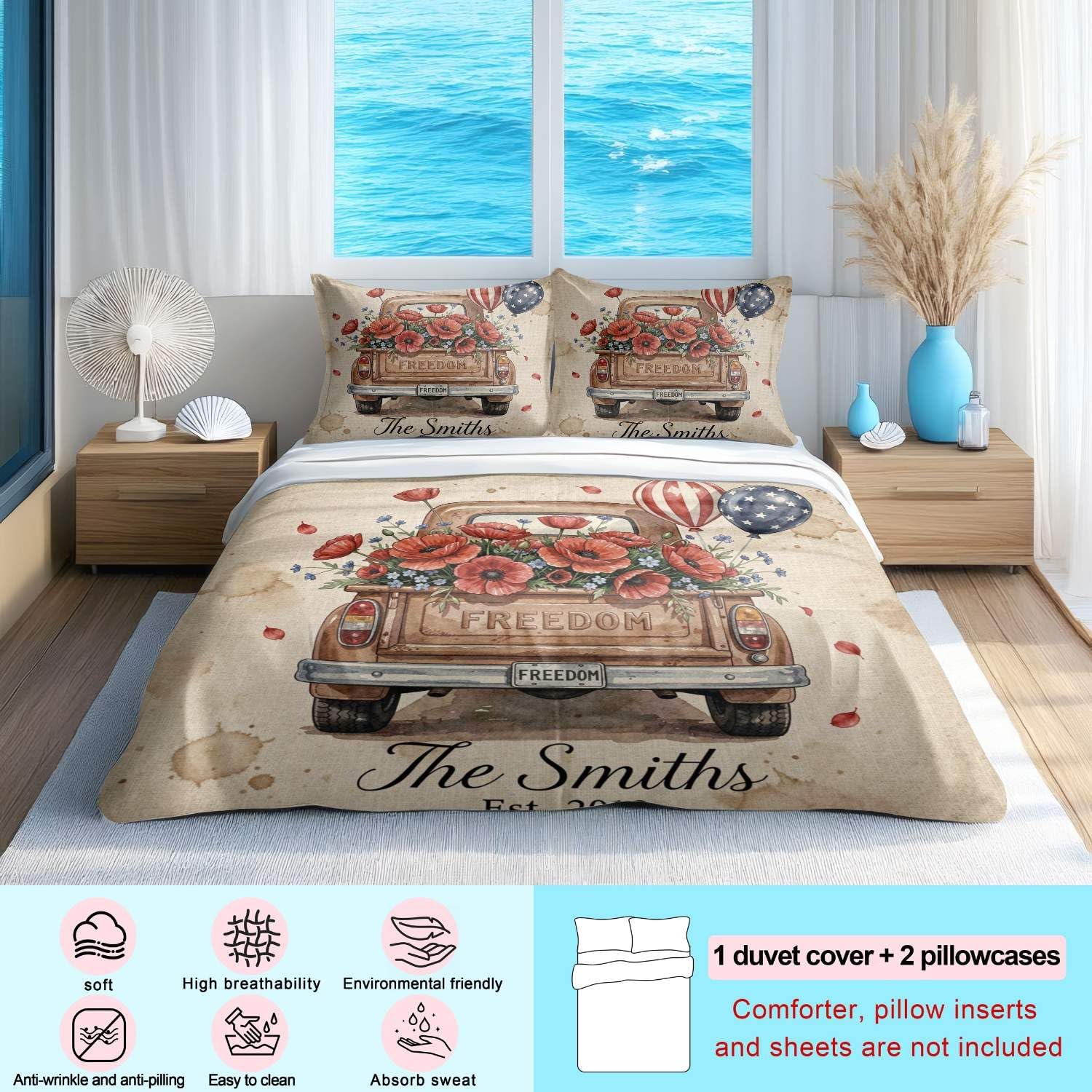 Conjunto de capa de edredom floral de caminhão vintage rosa Queen, roupa de cama de fazenda em aquarela, estampa de flores rústicas de 3 peças (08, King 264 x 228 cm + 51 x 76 cm)