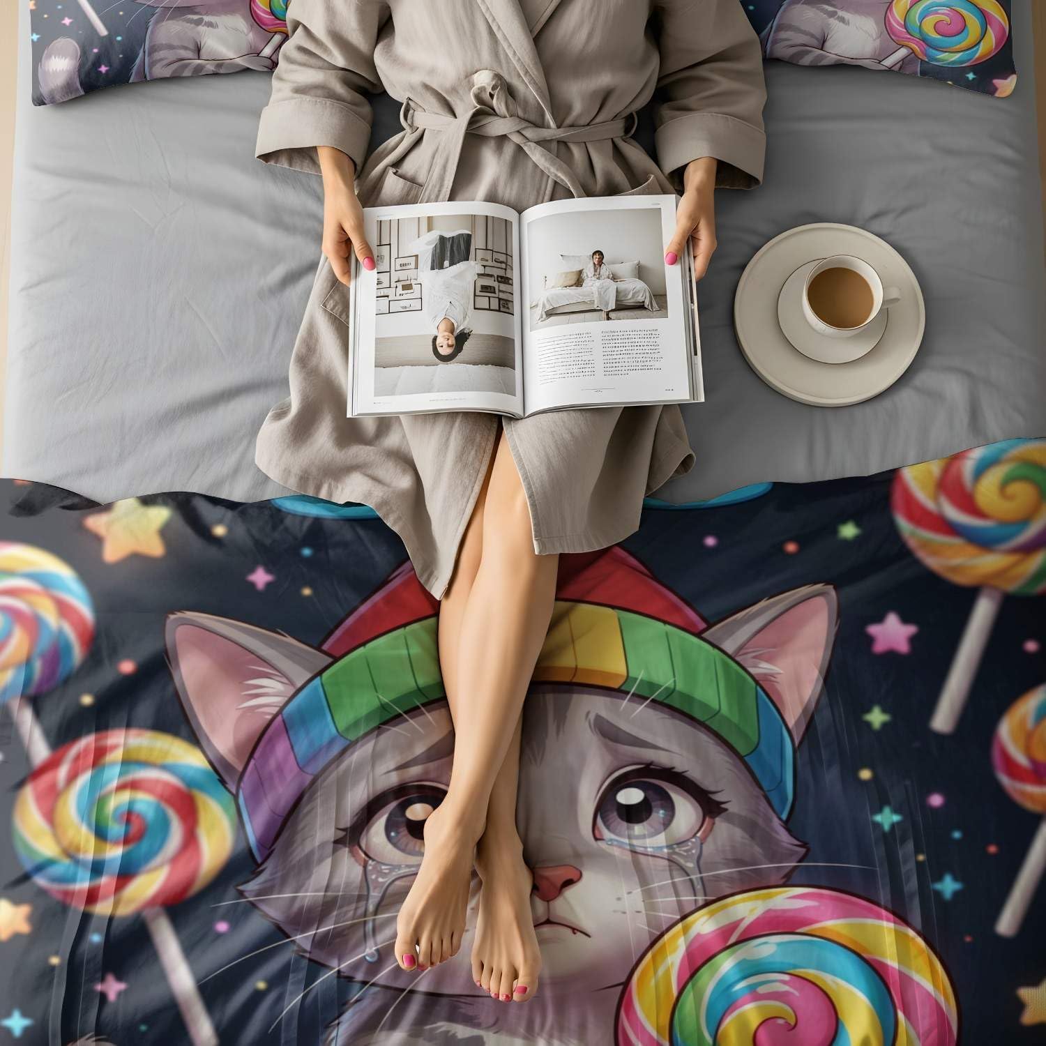 Jogo de Cama Estampa de Gatos Impressão Digital 3D Fundo Branco