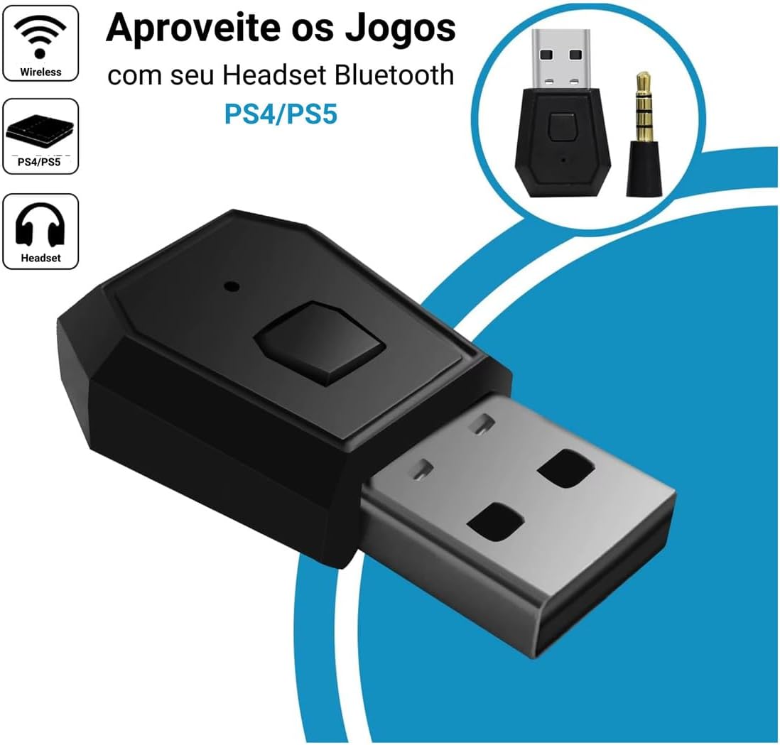 Adaptador Bluetooth USB para PS4 e PS5 com Áudio e Microfone