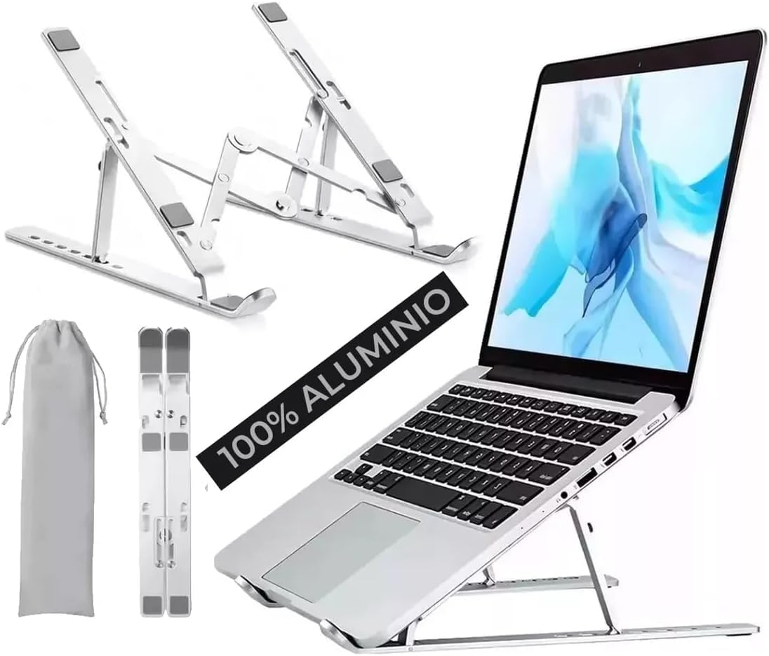 Suporte para Notebook e Tablet Linha Premium em Alumínio Dobrável e Ergonômico Para Desktop Portátil Ajustável em 6 Ângulos com Altura Regulável Leve Apoio Universal - Com estojo para armazenagem