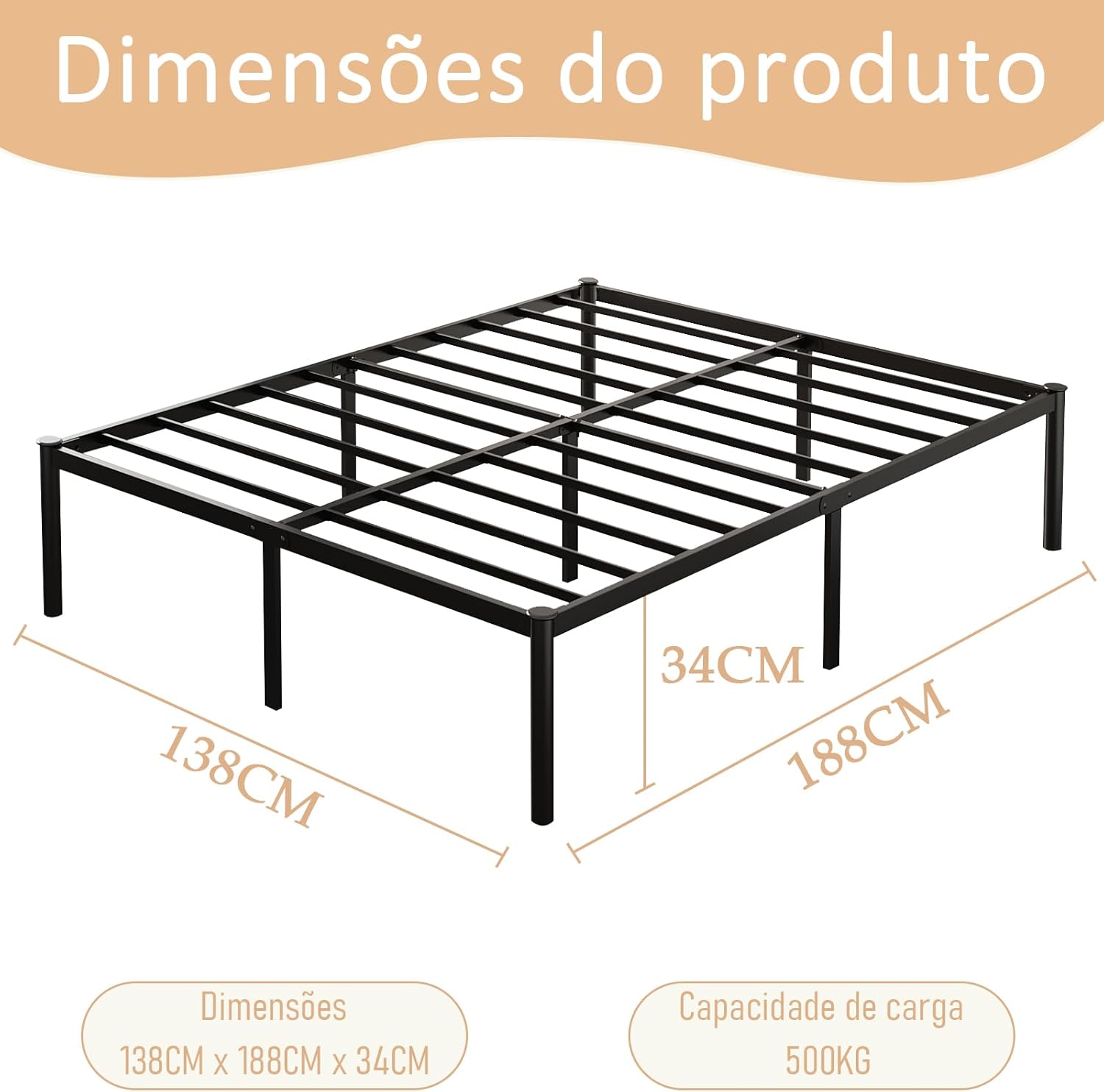 Estrutura De Cama De Metal, Não Precisa de Box Spring,Com Espaço De Armazenamen Cor Preto (FULL)