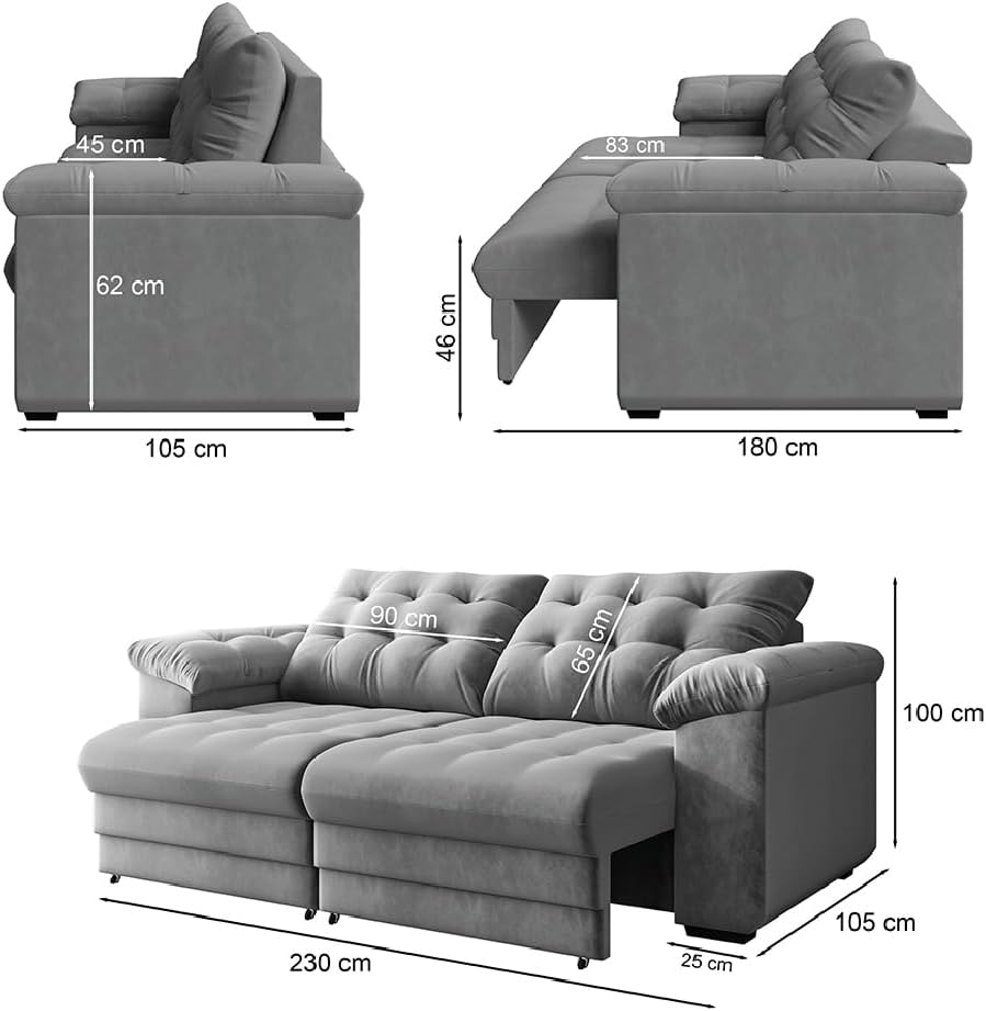 Sofá Retrátil e Reclinável Bipartido 3 Lugares 2,30m Suede Veludo Coliseu Selmer (Cinza)