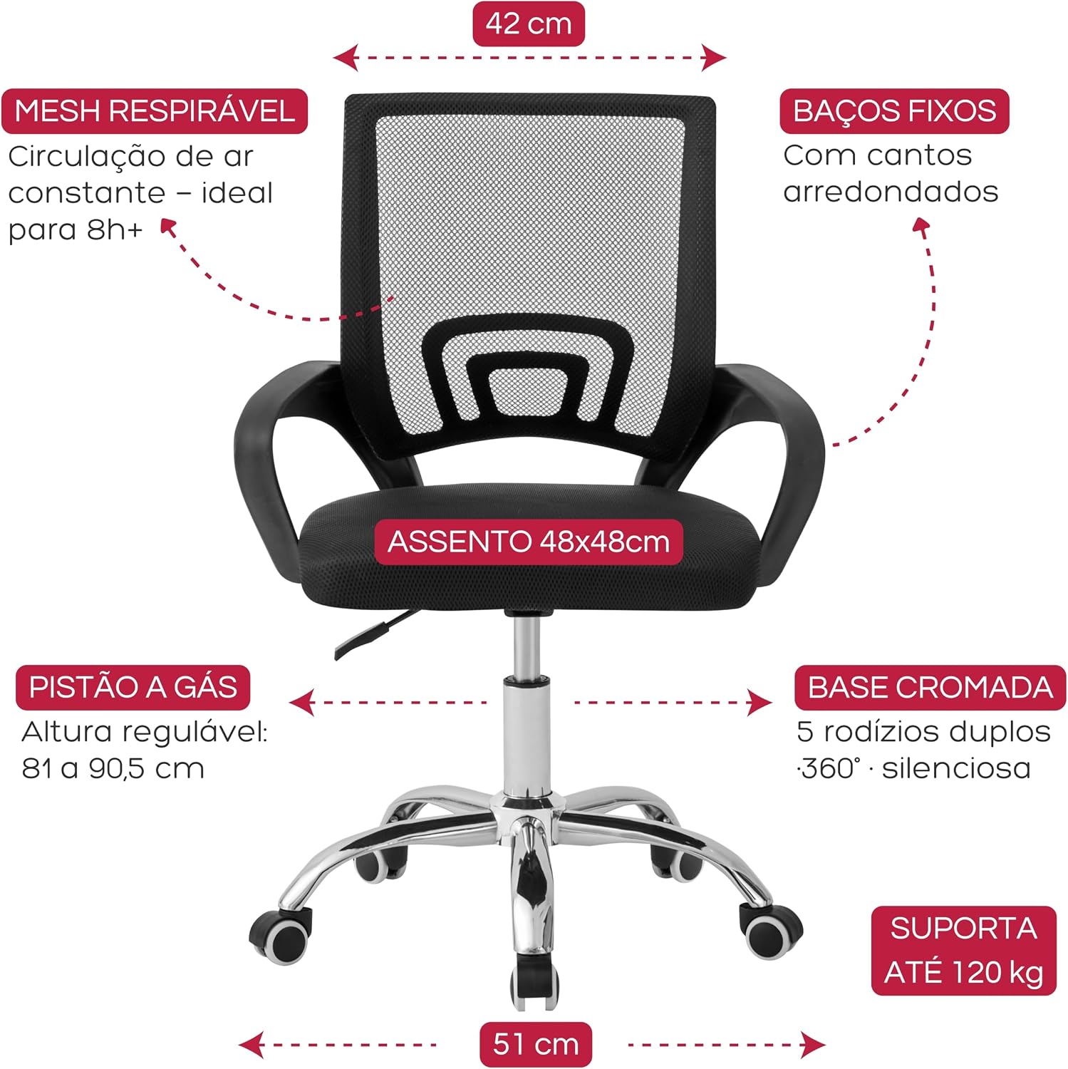 Cadeira Ergonômica Conthey Arco Home Office e Escritório, Encosto Mesh Respirável, Regulagem de Altura a Gás, Base Cromada 5 Rodízios 360°, Braços Fixos, Preta