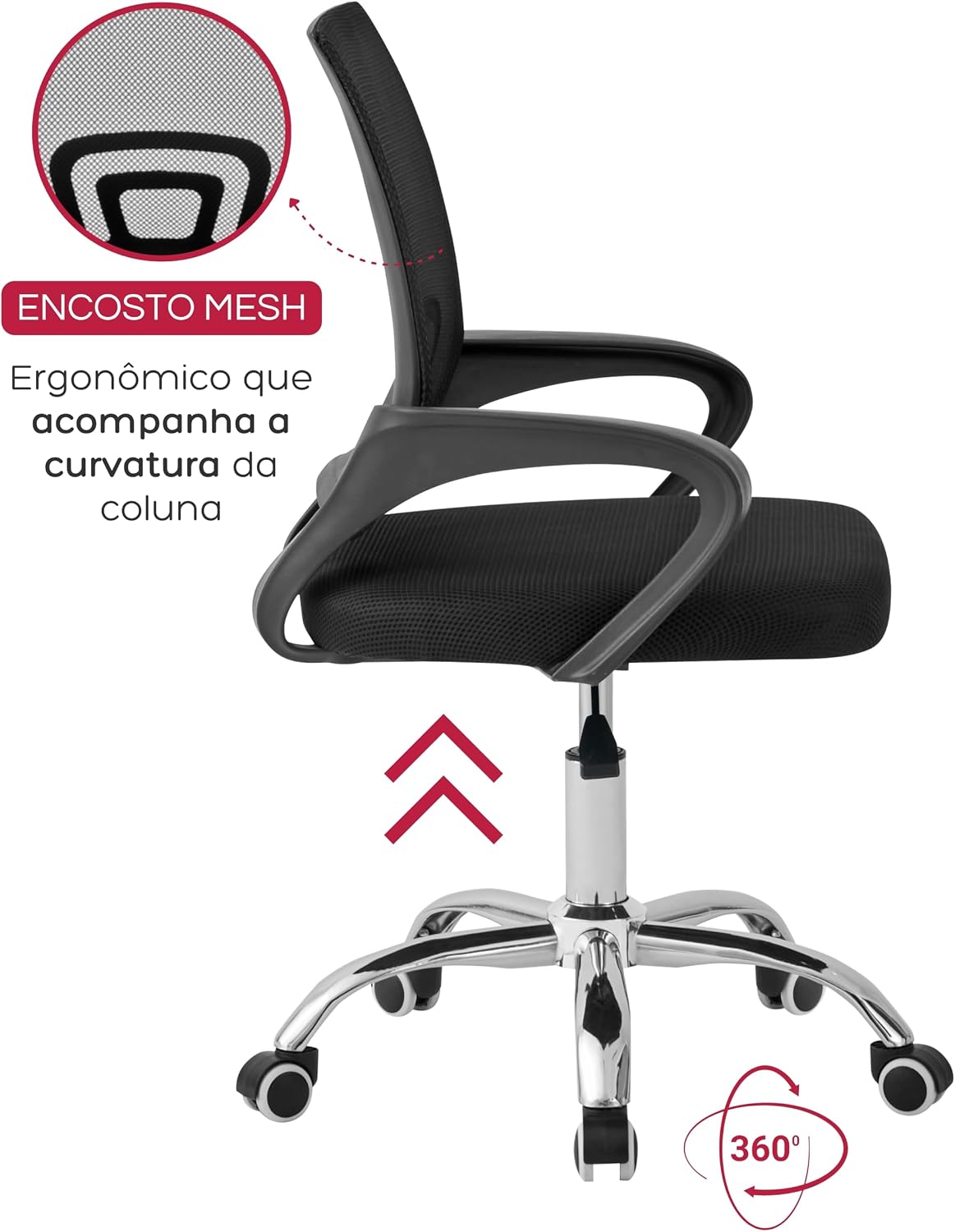 Cadeira Ergonômica Conthey Arco Home Office e Escritório, Encosto Mesh Respirável, Regulagem de Altura a Gás, Base Cromada 5 Rodízios 360°, Braços Fixos, Preta