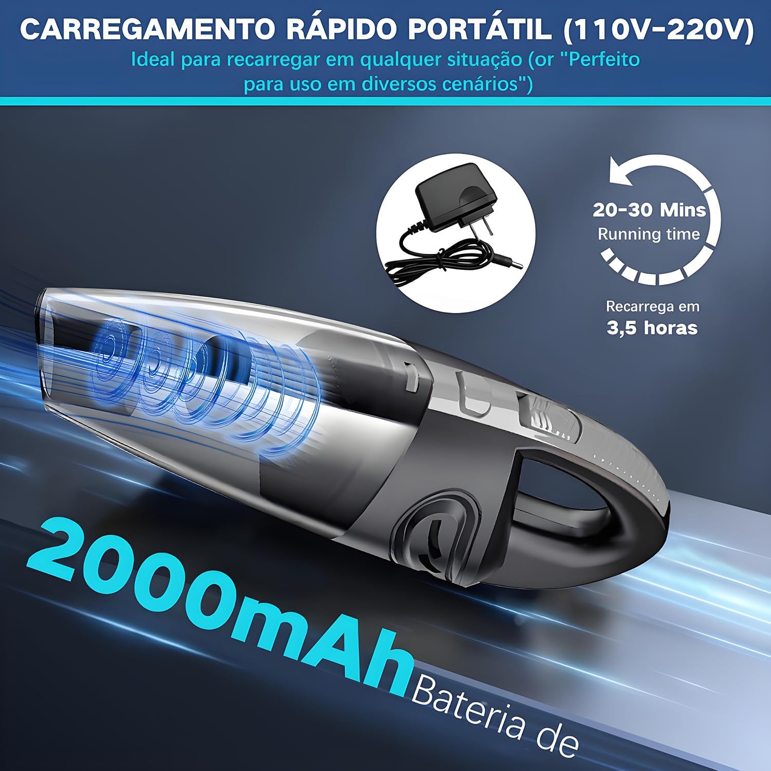 Aspirador de Pó Portátil Sem Fio, 120W Alta Potência com Sucção Poderosa, Uso Seco/Úmido, Recarregável, para Carros e Casa, Filtro Lavável, Inclui 7 Acessórios, Preto (cinza)
