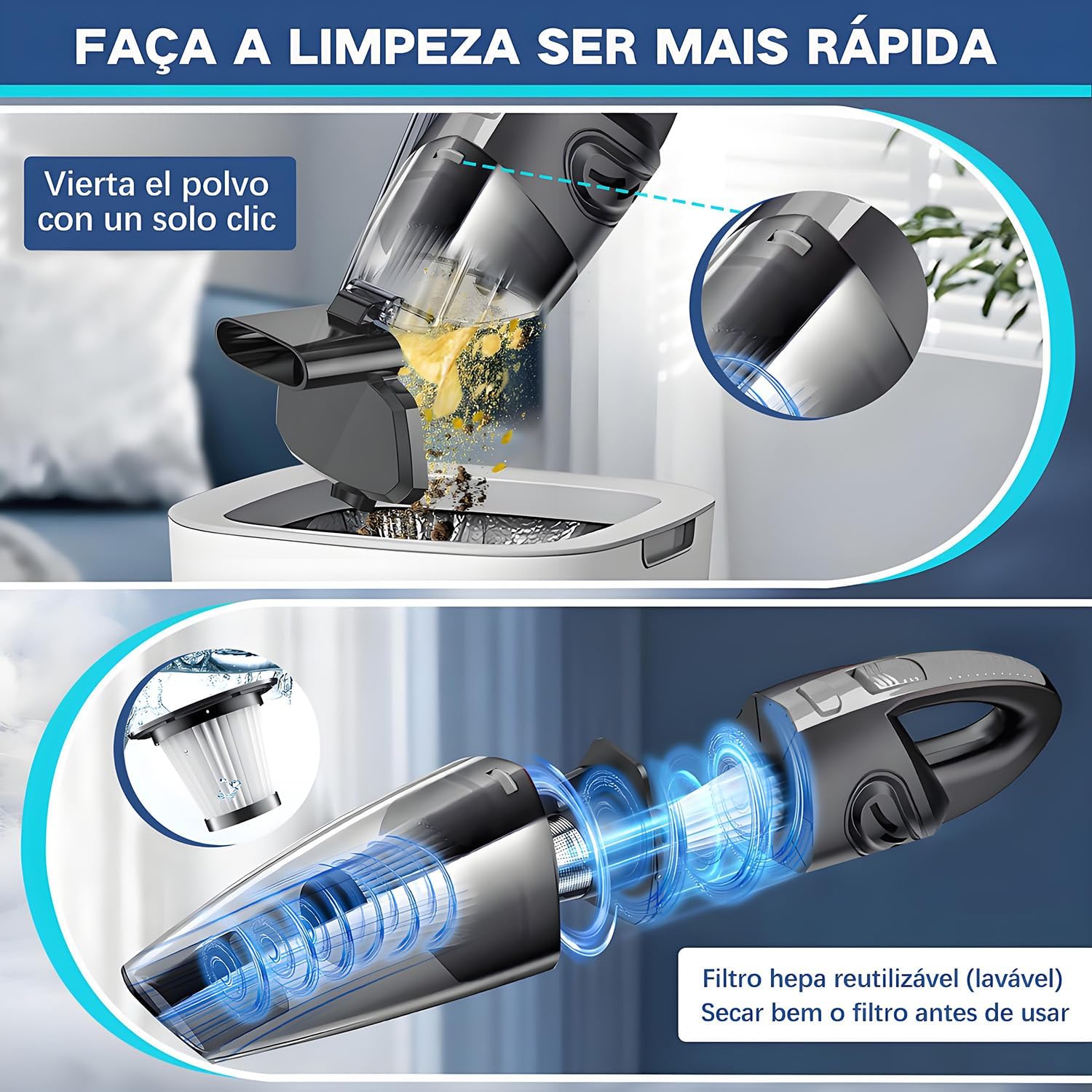Aspirador de Pó Portátil Sem Fio, 120W Alta Potência com Sucção Poderosa, Uso Seco/Úmido, Recarregável, para Carros e Casa, Filtro Lavável, Inclui 7 Acessórios, Preto (cinza)