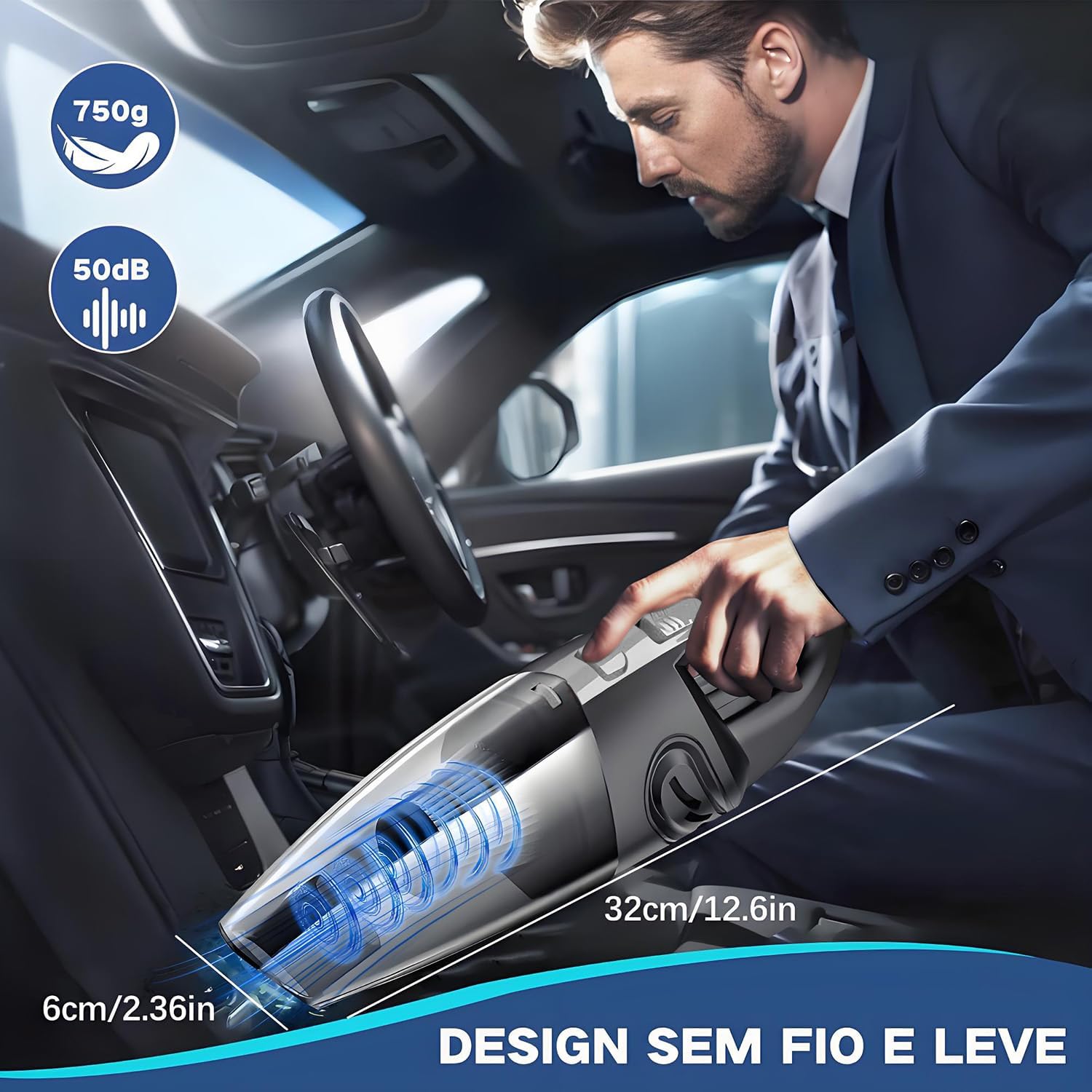 Aspirador de Pó Portátil Sem Fio, 120W Alta Potência com Sucção Poderosa, Uso Seco/Úmido, Recarregável, para Carros e Casa, Filtro Lavável, Inclui 7 Acessórios, Preto (cinza)
