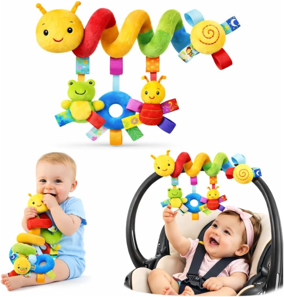 Brinquedo Espiral Sensorial Centopeia de Pelúcia Mobile para Carrinho de Bebê - Brinquedo Bebe 0 a 6 Meses, com Chocalho, Cores Vibrantes