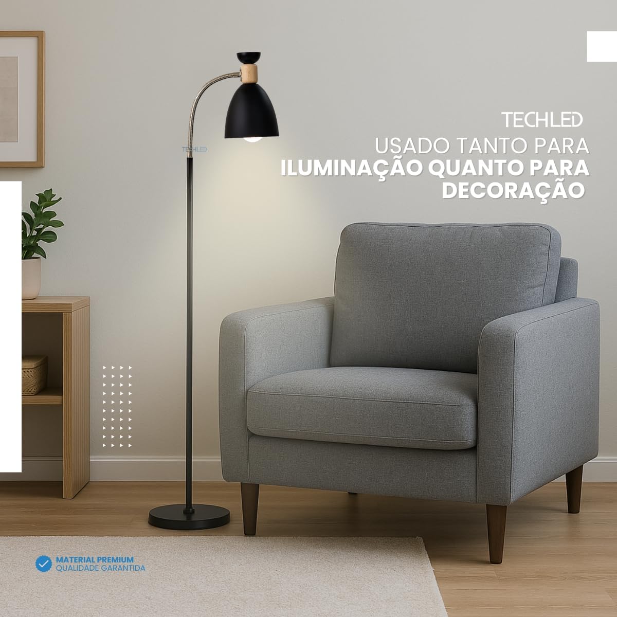 Abajur de chão flexivel luminaria chao articulada piso detalhe em madeira Techled (Preto)