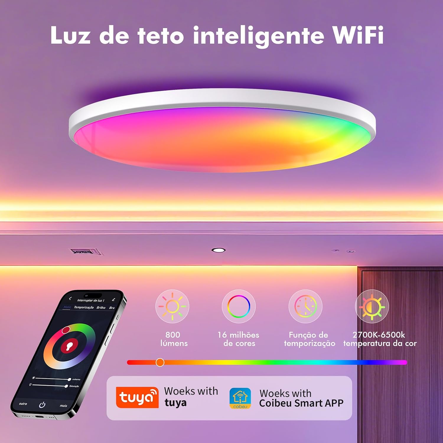 Luminaria de Teto, Plafon LED inteligente, Luz de Teto Inteligente Wi-Fi RGB+CCT 24W, Ø30 cm – Alexa/Google, App Tuya/Coibeu, 2700K-6500K, 800 lúmens